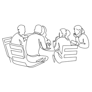 squiggle drawing of people working together around a table